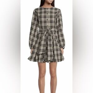 Gianni Bini Plaid Long Puff Sleeve Dress with Tie